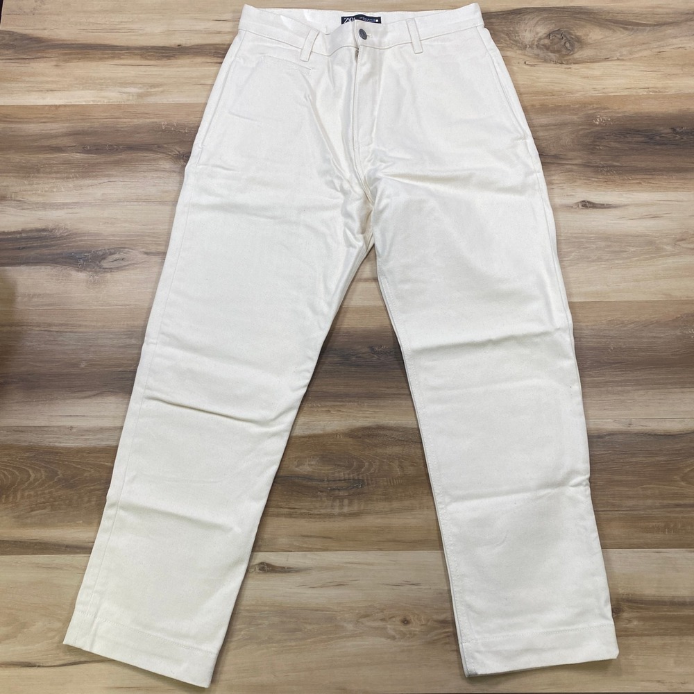 Zara Straight Leg Pants Size 30 Ecru Denim Workwear Trousers Cotton White